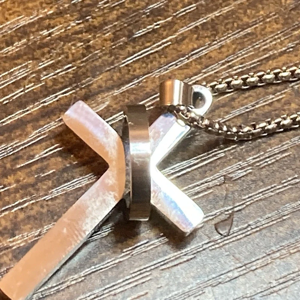 Cross Pendant Necklace 23.5in Stainless Steel‎ Padre Nuestro Christian Religious